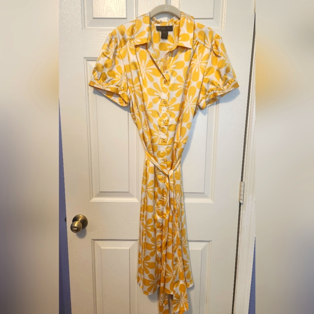 Yellow Floral Button-Up Dress With Tie, Size 18 Business Casual Or Party